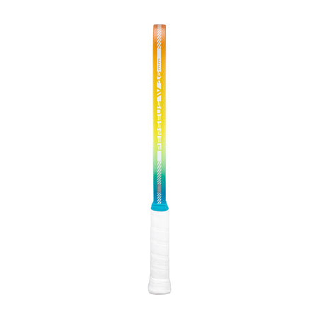 Side view of the edge gaurd on the  JOOLA Perseus Summer Daze Pickleball paddle with black surface, orange, blue, green and yellow color gradient on the rim, and white handle on a white background.