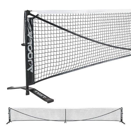 White Background Image: The JOOLA symmetry pickleball net, wide shot showing the full net, close up view of the feet on the left side of the net.