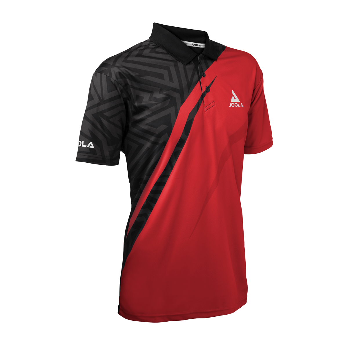 White Background Image: Angled view of the Black and red JOOLA Synergy polo. #Black/Red