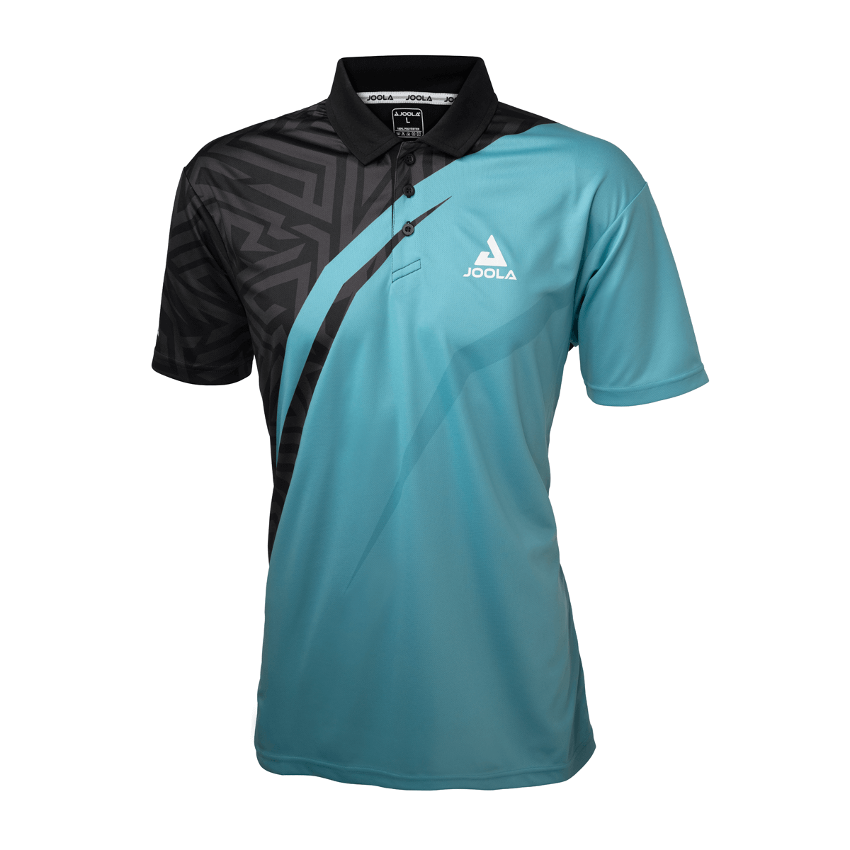 White Background Image: Black and turquoise JOOLA Synergy polo. #Black/Turquoise