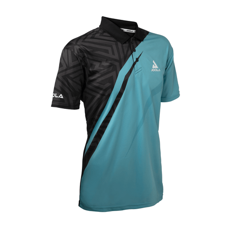 White Background Image: Angled view of the Black and turquoise JOOLA Synergy polo. #Black/Turquoise