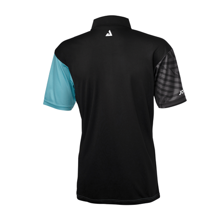 White Background Image: Back side of the Black and turquoise JOOLA Synergy polo. #Black/Turquoise