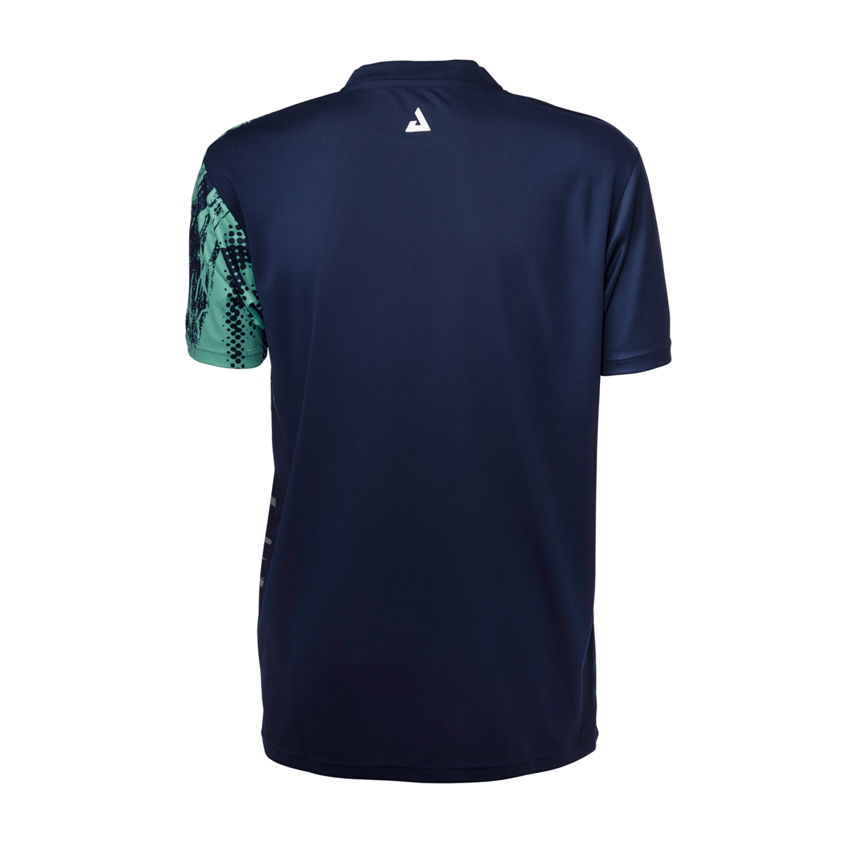 White Background Image: Back side of the Navy and green JOOLA Syntax Shirt. #Navy/Green