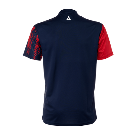 White Background Image: Back side of the Navy blue and red JOOLA Syntax Shirt. #Navy/Red