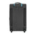 White Background Image: Black colored vision suitcase. Light blue zipper area, wheels.