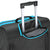 White Background Image: Black colored vision suitcase. Light blue zipper area, pull up handle extended.