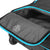 White Background Image: Black colored vision suitcase. Light blue zipper area, close up on pocket for shoes.