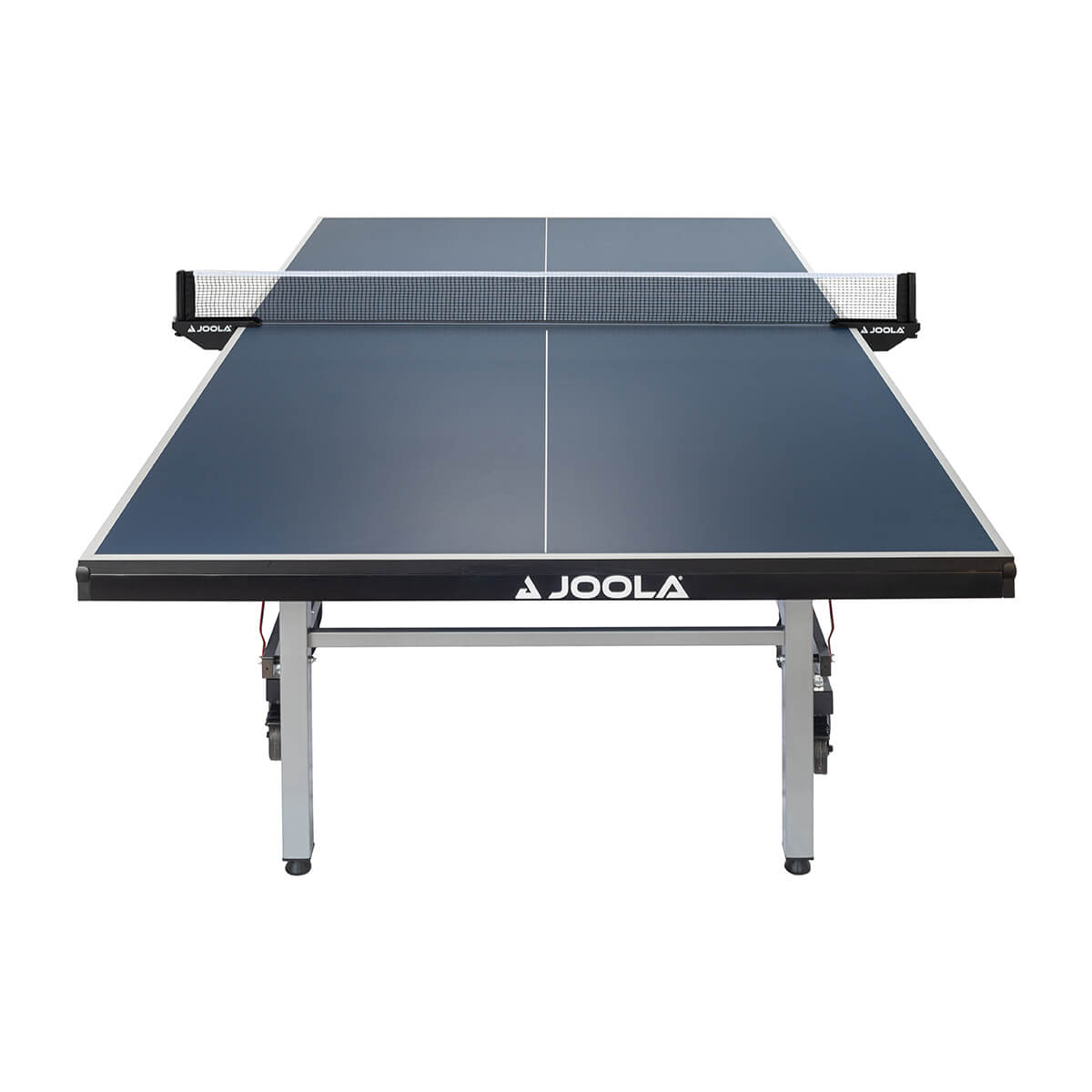 White Background Image: Straight ahead view of the World Cup 25 table tennis table. JOOLA logo, undercarriage and net.