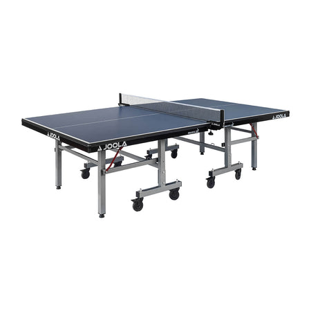 White Background Image: Full view of World Cup 25 table tennis table. Angled but show entire length of table with undercarriage, wheels, net and surface.