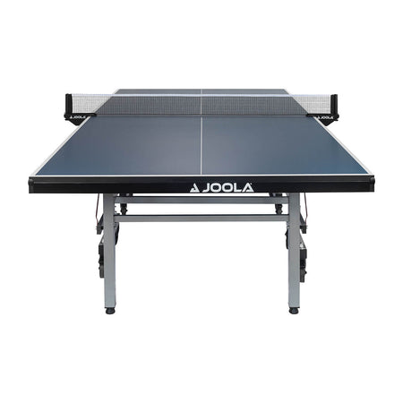 White Background Image: Straight on view of the World Cup 25 table tennis table, JOOLA logo on the front-end side of the table. Undercarriage, lines and net.