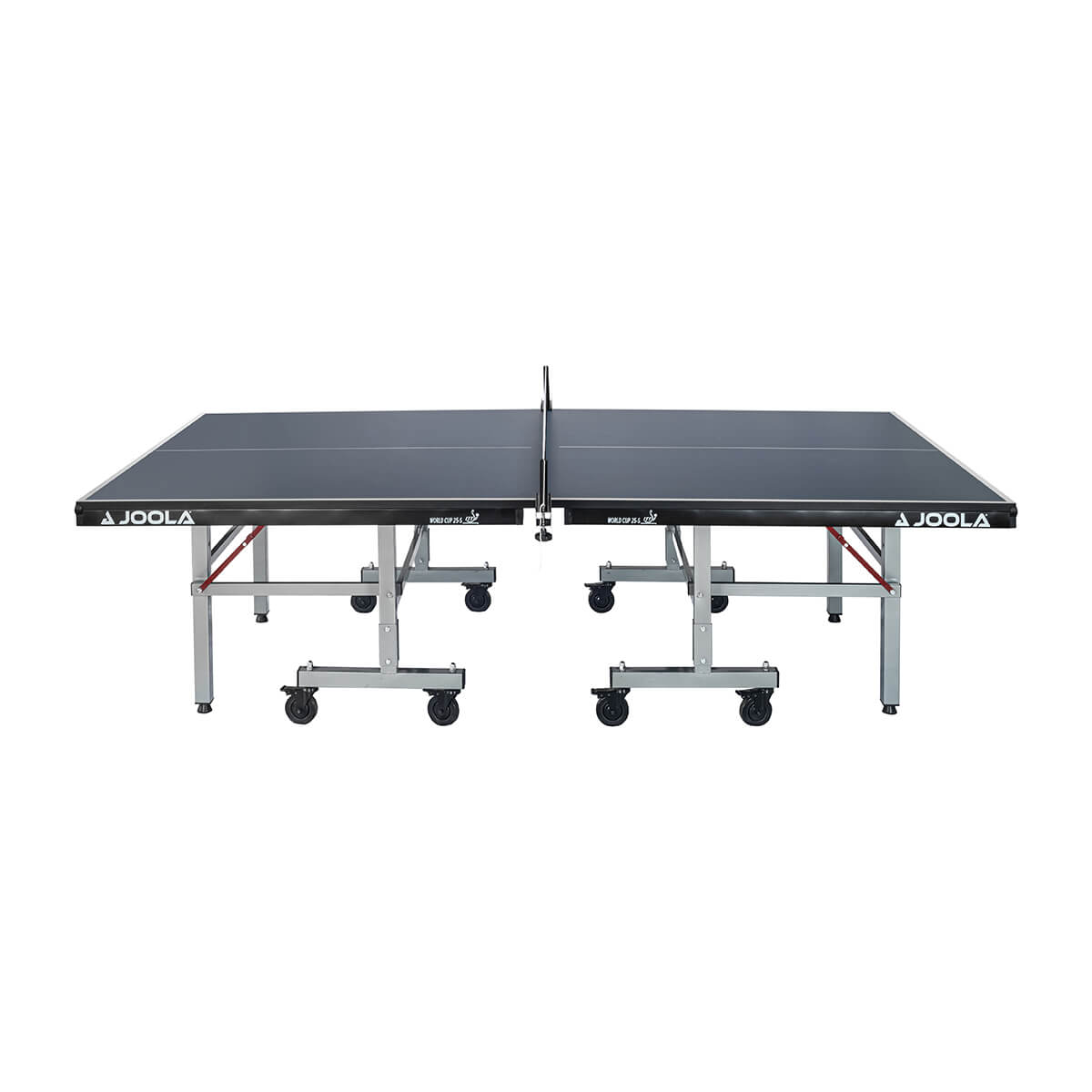 White Background Image: Full wide-angle view of the World Cup 25 table tennis table. Wheels, metal undercarriage, surface and net all visible.