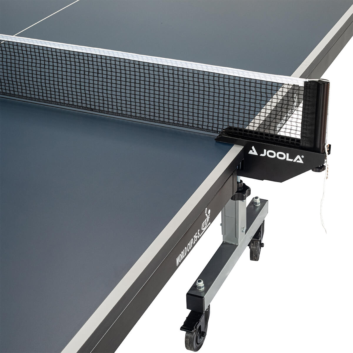 White Background Image: Right side of World Cup 25 table tennis table, angled to show the net and wheels on right side of table.