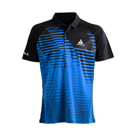 White background image, JOOLA Zephir table tennis shirt, black and blue.