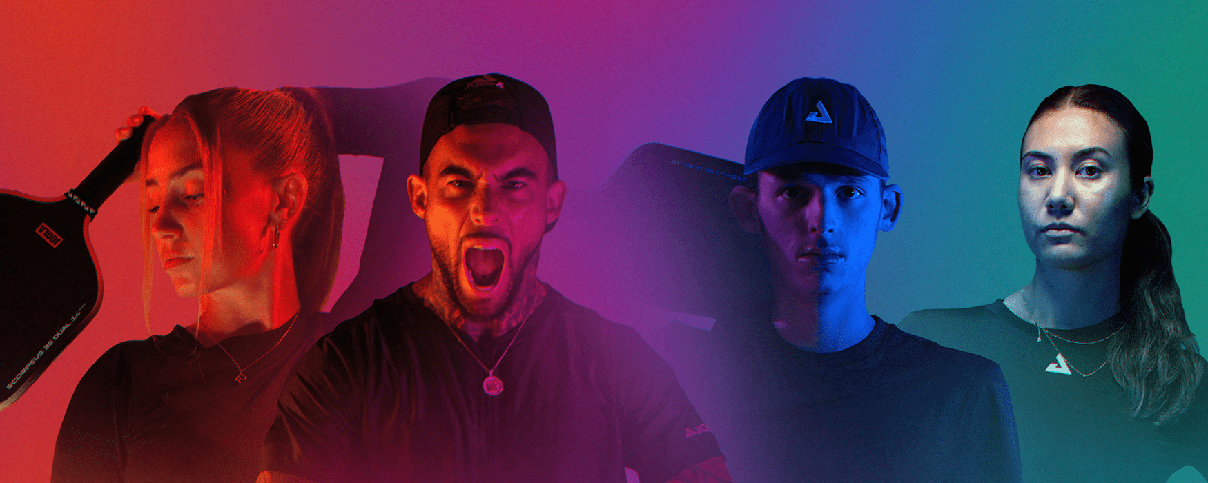 Four JOOLA pro pickleball players, with gradiant color background.