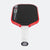 Red and black pickleball paddle with white handle on a white background