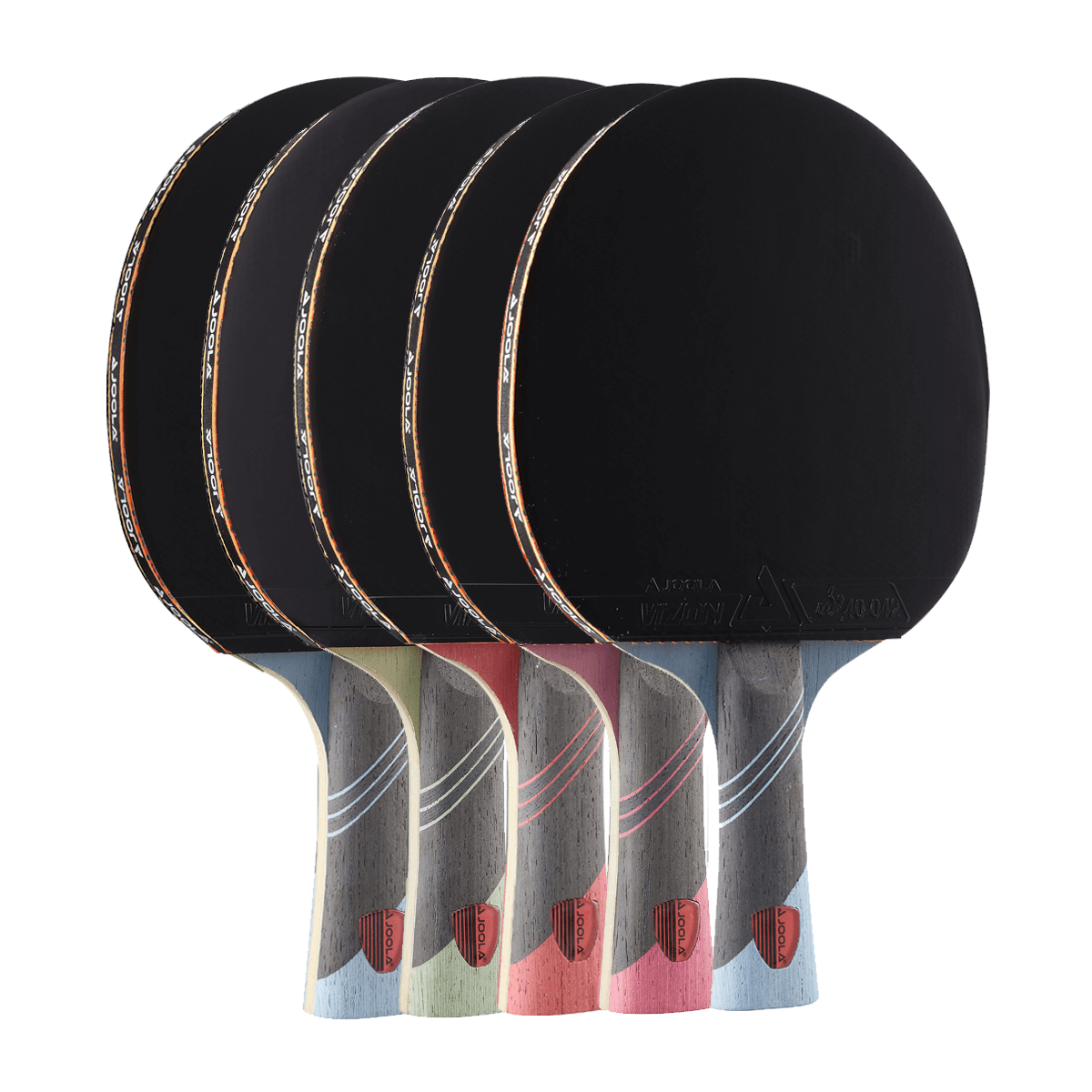 White Background Image: Full line up of JOOLA Omega Speed Table Tennis Rackets. 