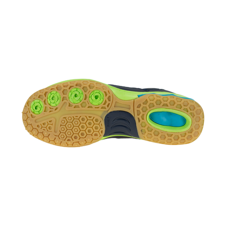 White Background Image: Product image of the bottom of a JOOLA NexTT Table Tennis Shoe, navy and lime. #navy/lime