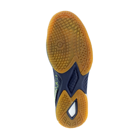 White background Image: Product image of the bottom of a JOOLA Pro Blast Table Tennis shoe. #Navy/Lime