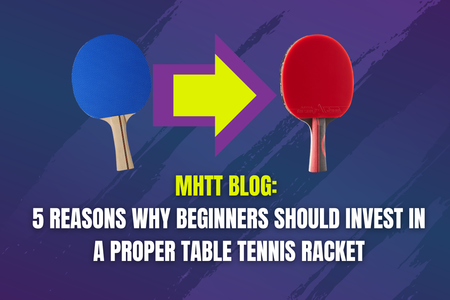 5 reasons why beginners should invest in a proper table tennis racket. Title image with basic racket graphics.