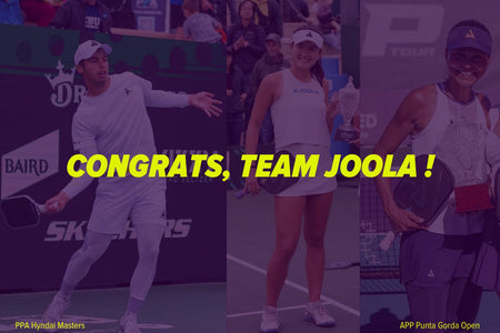 Text: Congrats, Team JOOLA! PPA Hyundai Masters, APP Punta Gorda Open Pictured: A stitch of JOOLA athletes Ben Johns, Anna Bright, and Simone Jardim at the APP Sacramento Open