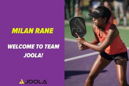 Text: Milan Rane, Welcome to Team JOOLA! Pictured: Action shot of Team JOOLA's Milan Rane holding her paddle