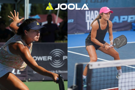 Action shots of Anna Bright (left) and Regina Franco Goldberg (right) playing pickleball