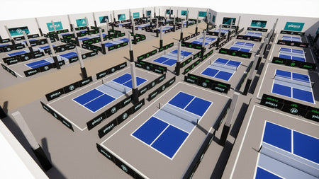 3D rendering of the interior of the picklemall facility with indoor courts, nets, and barriers.