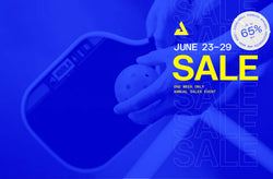 Promotional graphic with sale text and smartphone on a blue background Category