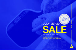 Promotional graphic for a sale event with a blue background and text overlay. Category