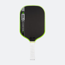 White background, product image of the JOOLA Kosmos Pro V with green edge guard and white handle. Category