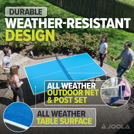 Overhead view of four people playing table tennis on the JOOLA Nova Pro Plus Outdoor table tennis table. The infographic is highlight the weather-resistant design of the table.