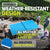 Overhead view of four people playing table tennis on the JOOLA Nova Pro Plus Outdoor table tennis table. The infographic is highlight the weather-resistant design of the table.