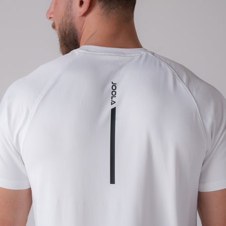 Image of the back of a male model who is wearing a JOOLA Men's Court Short Sleeve White shirt.