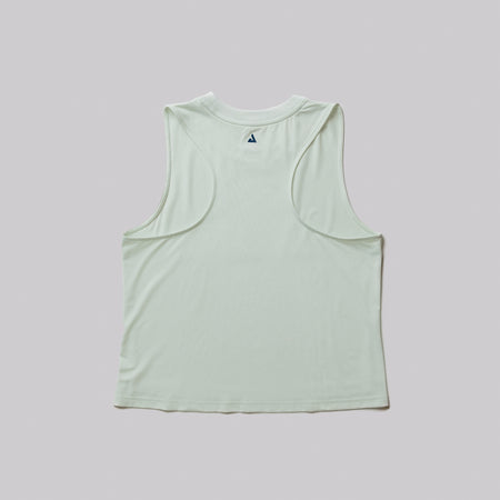 Product image showing the back of a hushed mint colored JOOLA women's court tank top.