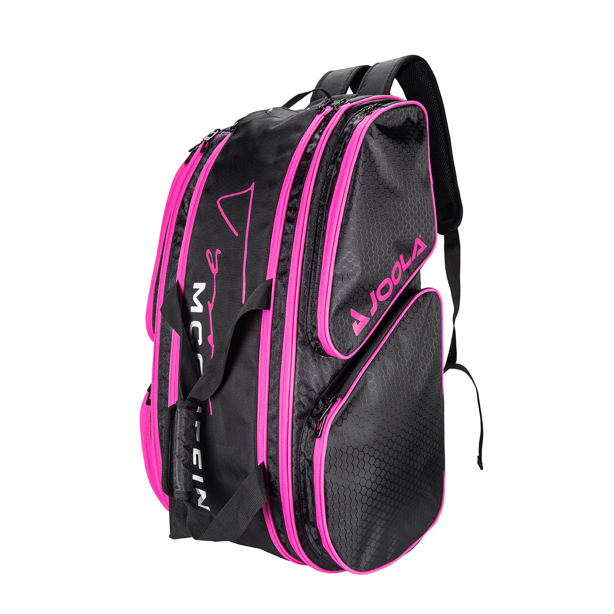 White background image, black and hot pink Tyson McGuffin Pickleball Tour Bag showing the backpack strap configuration.