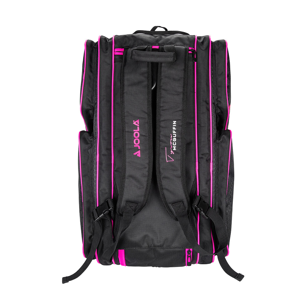 White background image, black and hot pink Tyson McGuffin Pickleball Tour Bag showing the backpack strap configuration.