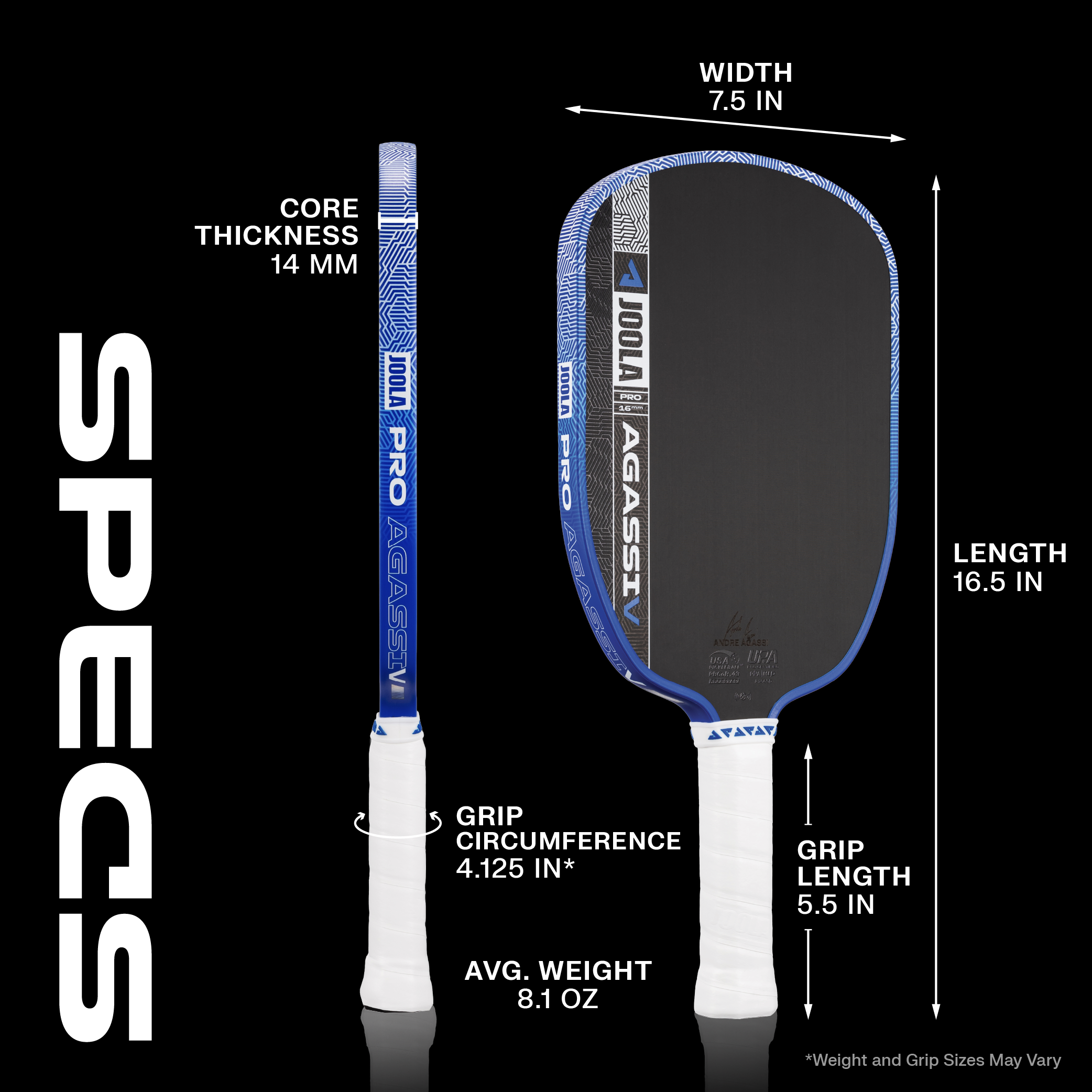 Updated Agassi Pro V 14mm pickleball paddle specs.