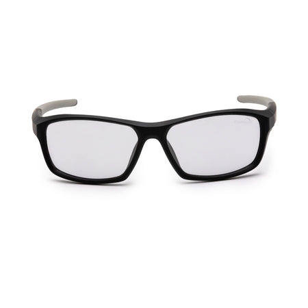 View of the clear lenses of a pair of JOOLA RJX Enhance glasses, matte black.