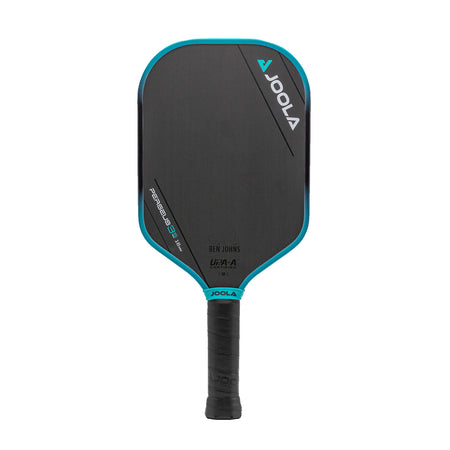 White background image, product image of the JOOLA Ben Johns 16mm Perseus 3S pickleball paddle. Black handle, black paddle face with a turquoise and black edge guard.