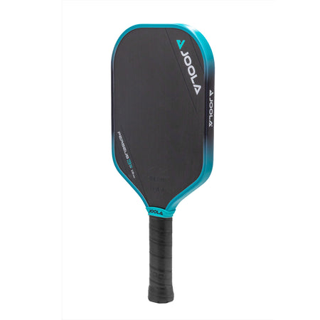 White background image, product image of the JOOLA Ben Johns 16mm Perseus 3S pickleball paddle. Black handle, black paddle face with a turquoise and black edge guard.