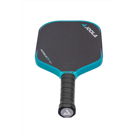 White background image, product image of the JOOLA Ben Johns 16mm Perseus 3S pickleball paddle. Black handle, black paddle face with a turquoise and black edge guard. Paddle laying on ground to show the JOOLA logo on the weighted end-cap at the bottom of the paddle's handle.