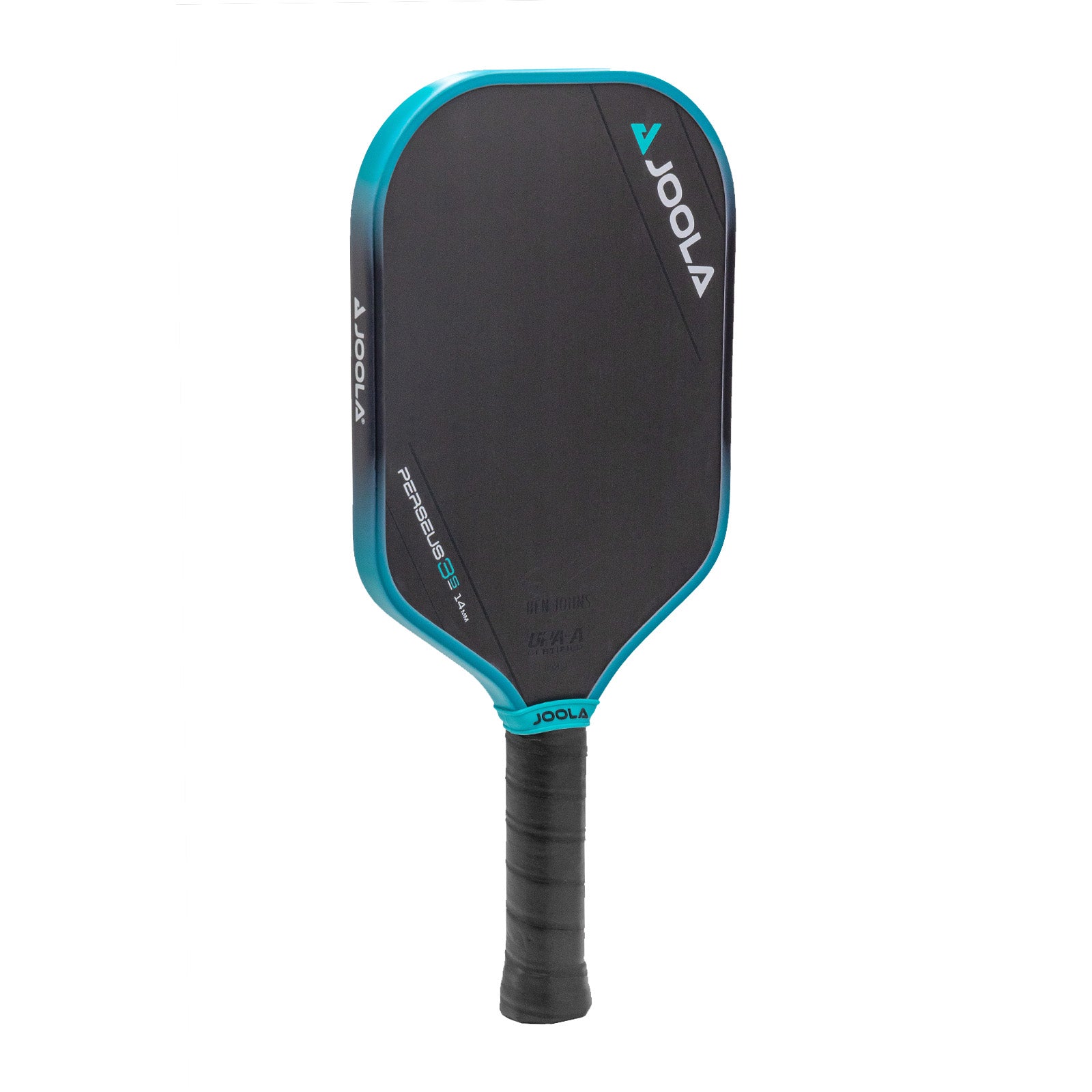 White background image, product image of the JOOLA Ben Johns 14mm Perseus 3S pickleball paddle. Black handle, black paddle face with a turquoise and black edge guard.