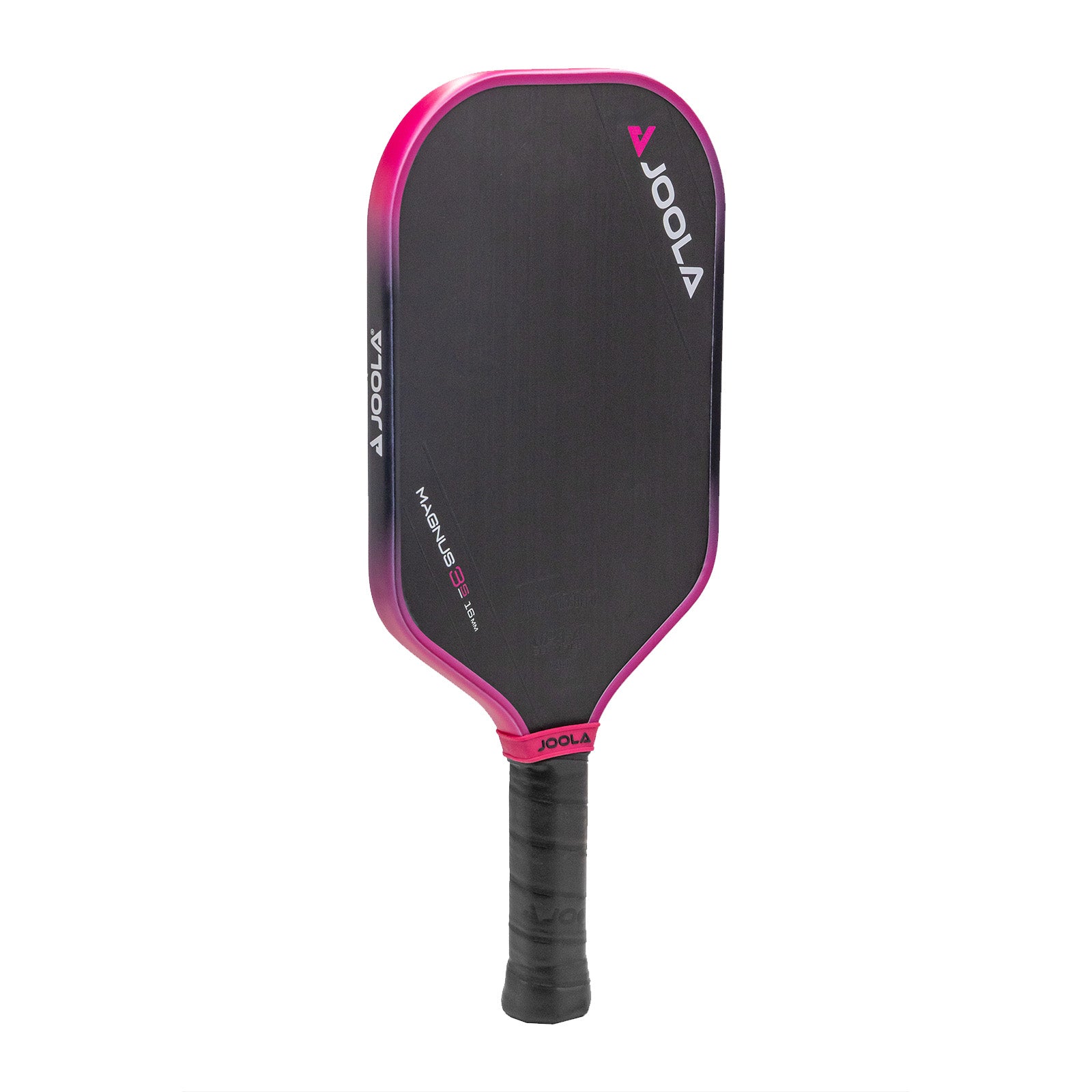 White background, product image of the JOOLA Tyson McGuffin Magnus 3S Pickleball Paddle. Black handle, black paddle face with black and pink on the edge guard.