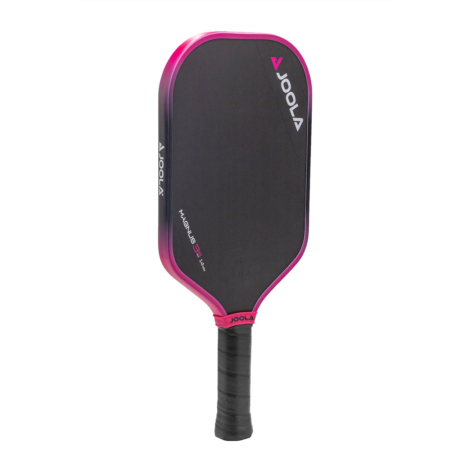 White background image, product image of the JOOLA Tyson McGuffin 14mm 3S pickleball paddle. Black paddle face with pink around the edge guard. Black paddle handle.