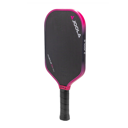 White background image, product image of the JOOLA Tyson McGuffin 14mm 3S pickleball paddle. Black paddle face with pink around the edge guard. Black paddle handle.