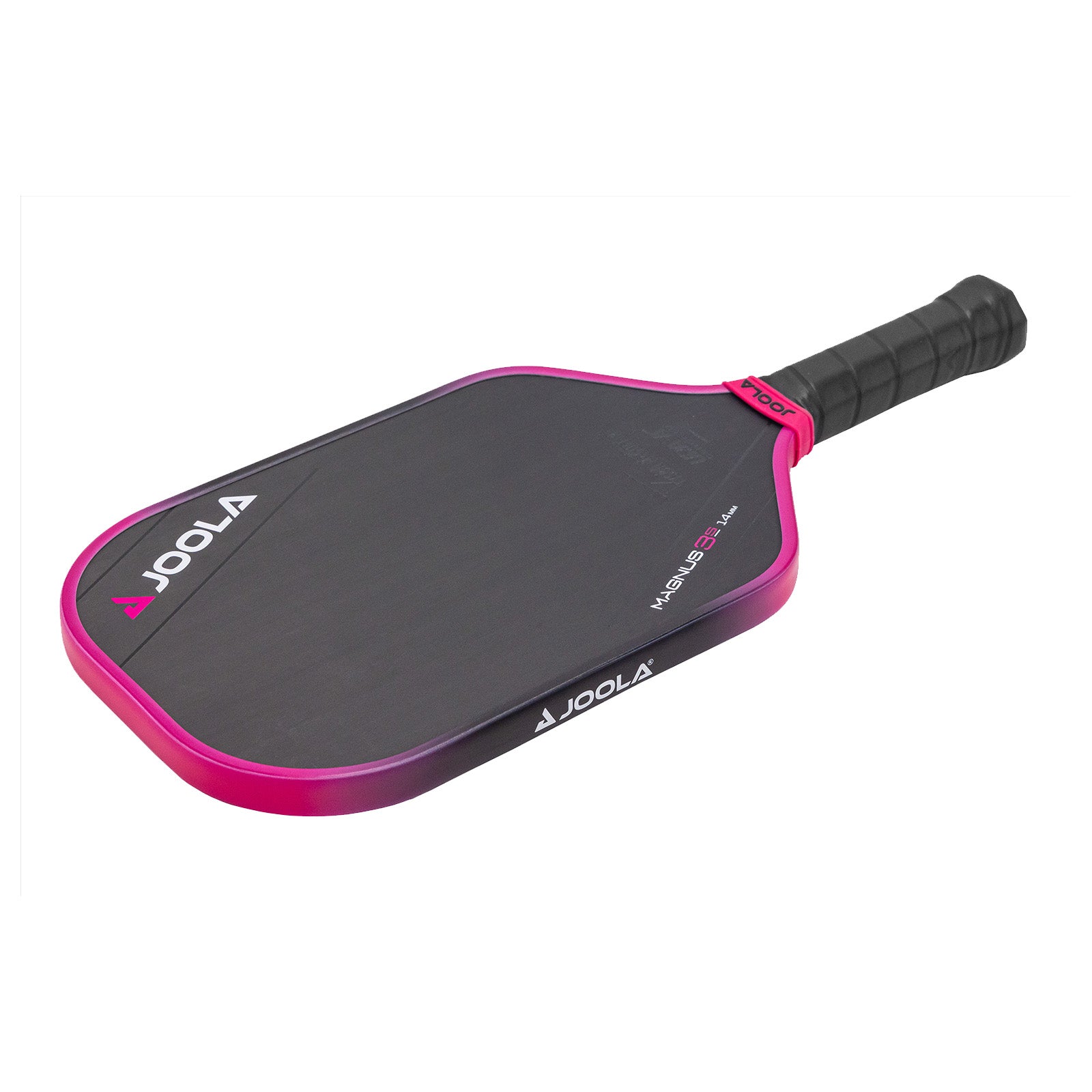 White background image, product image showing the JOOLA Tyson McGuffin Magnus 3S 14mm pickleball paddle. Pink round the edge guard and black handle.