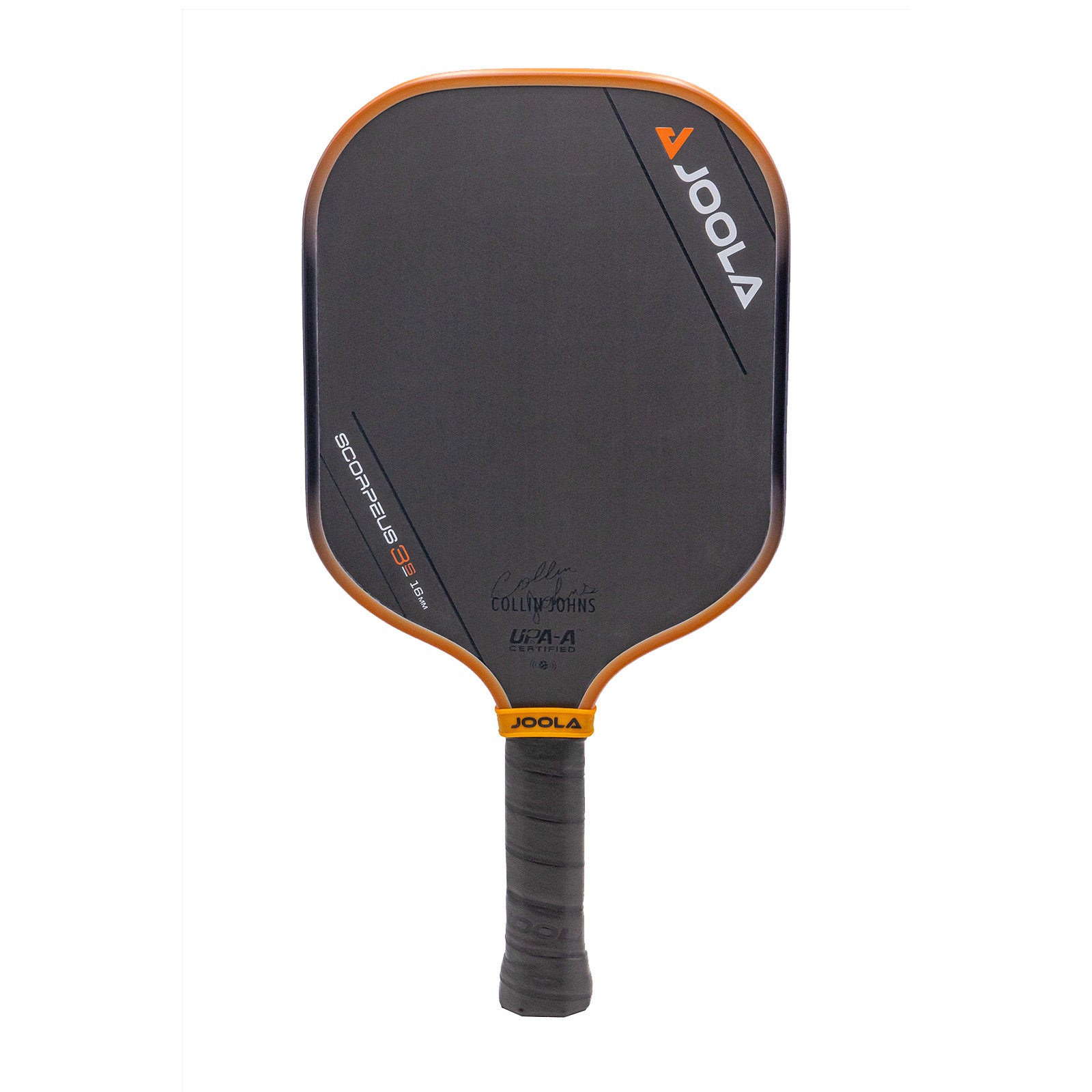 White background, product image of the JOOLA Collin Johns Scorpeus 16mm 3S pickleball paddle. Black handle, black paddle surface. Orange and black edge guard.