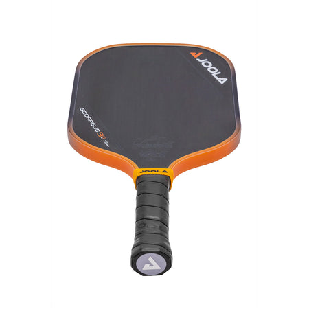 White background, product image of the JOOLA Collin Johns Scorpeus 16mm 3S pickleball paddle. Black handle, black paddle surface. Orange and black edge guard. Paddle is laying flat to show off the weighted end cap on the paddles handle.