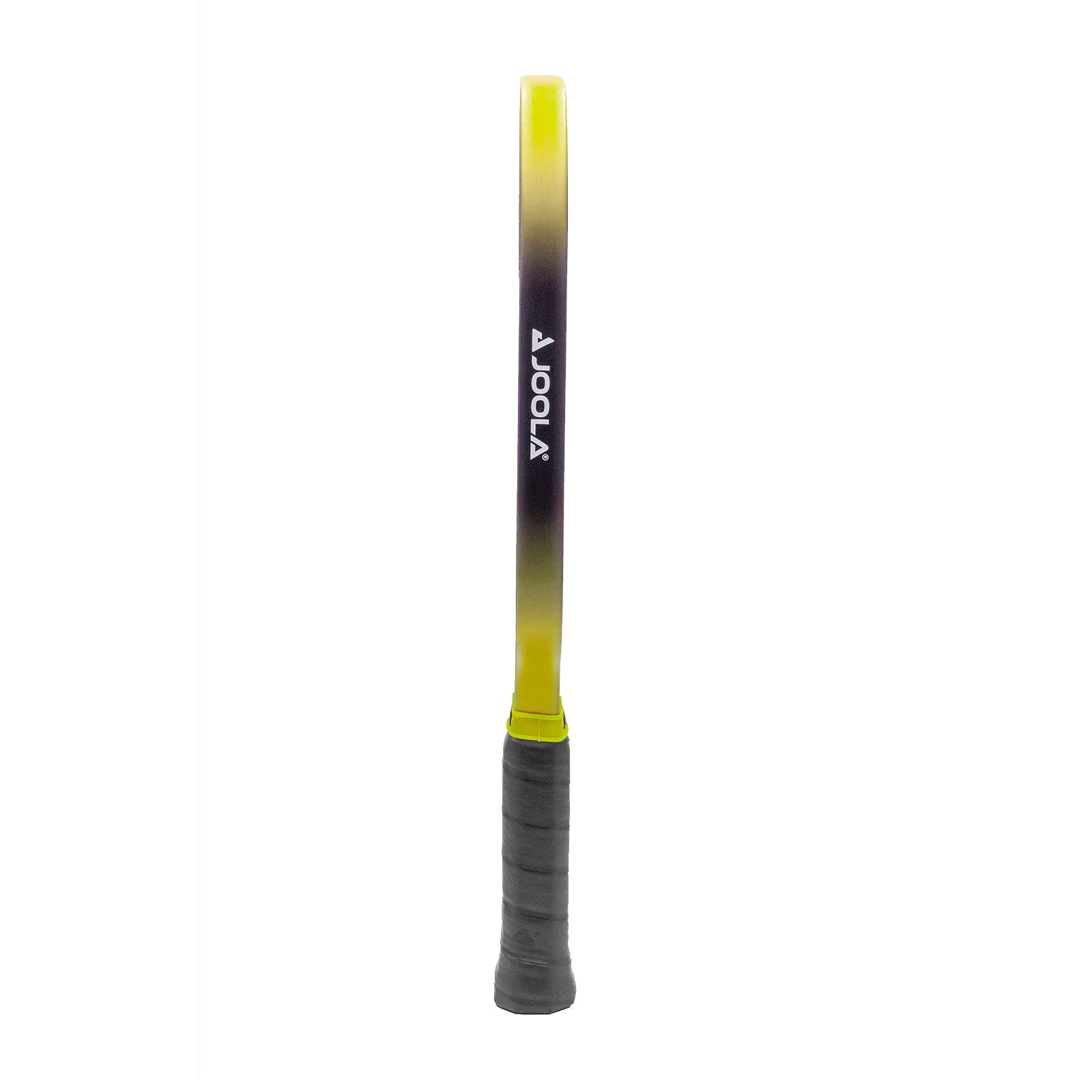 White background, product image of the JOOLA Anna Bright Scorpeus 3S pickleball paddle. Black handle, black paddle face with yellow and black edge guard. Side of the paddle highlighted to show the black and yellow edge guard with JOOLA logo.