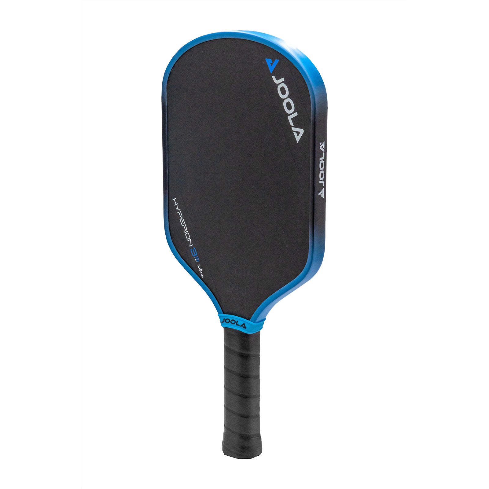 White background image, product image of the JOOLA Hyperion 3S 16mm Simone Jardim pickleball paddle. Black handle.